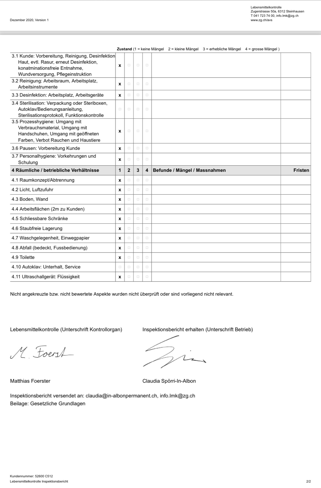 Hygienekontrolle durch den Kanton